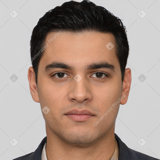 Neutral latino young-adult male with short  black hair and brown eyes