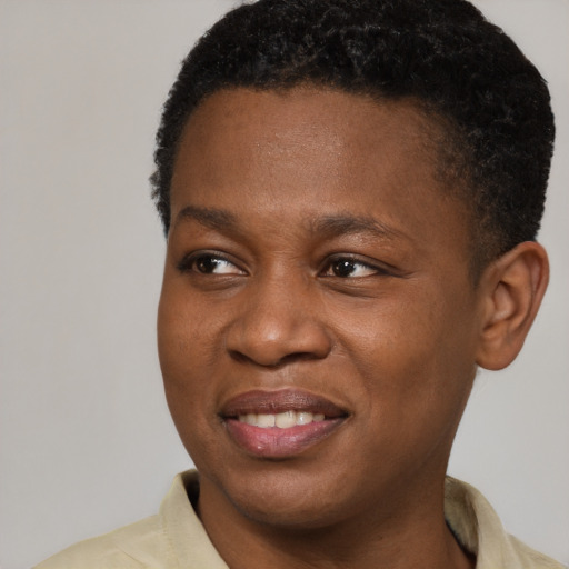 Joyful black young-adult male with short  brown hair and brown eyes