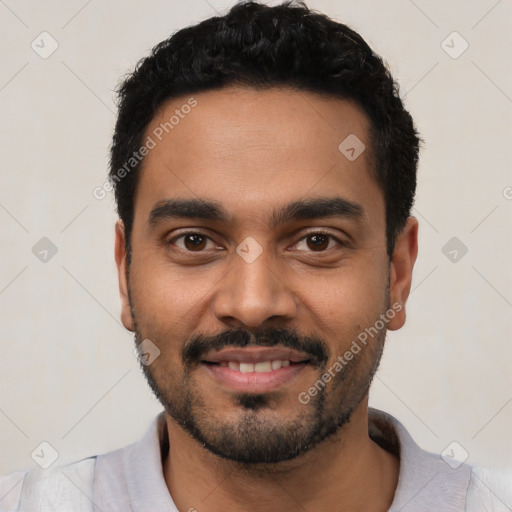 Joyful latino young-adult male with short  black hair and brown eyes