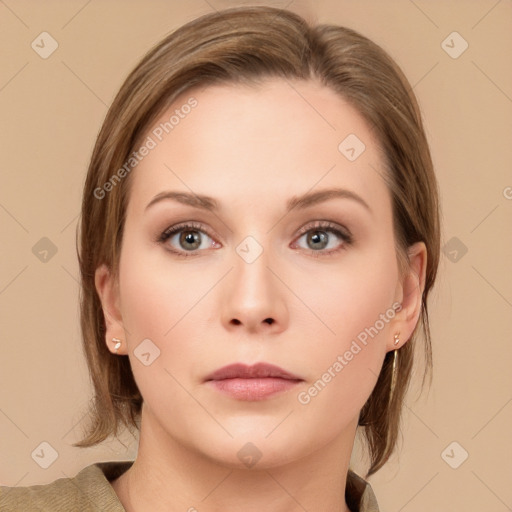 Neutral white young-adult female with medium  brown hair and brown eyes