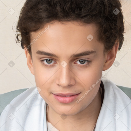 Joyful white child female with short  brown hair and brown eyes