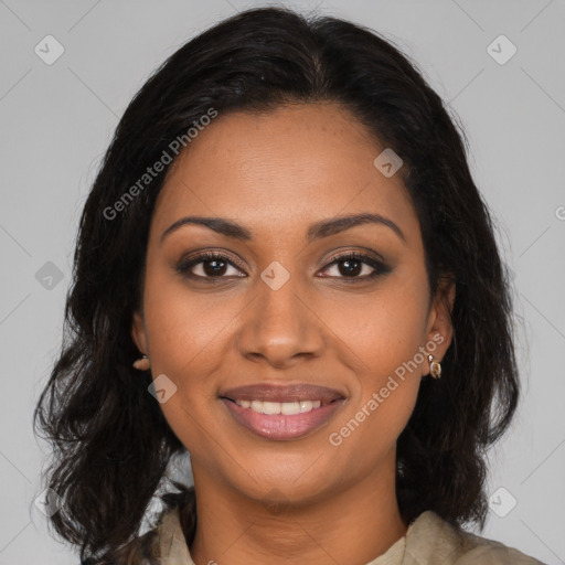 Joyful black young-adult female with long  brown hair and brown eyes