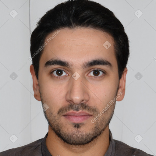 Neutral white young-adult male with short  black hair and brown eyes