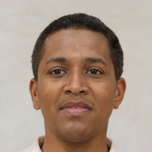 Neutral black young-adult male with short  brown hair and brown eyes