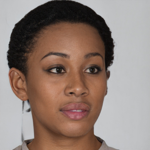 Joyful black young-adult female with short  black hair and brown eyes