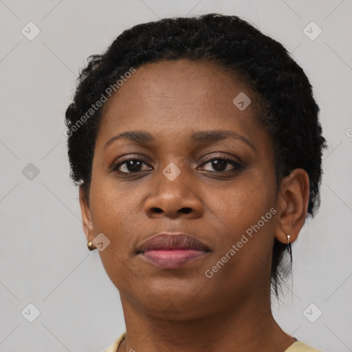 Neutral black young-adult female with short  black hair and brown eyes