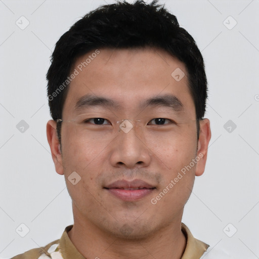 Neutral asian young-adult male with short  black hair and brown eyes