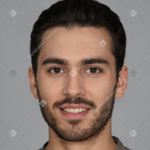 Joyful white young-adult male with short  brown hair and brown eyes