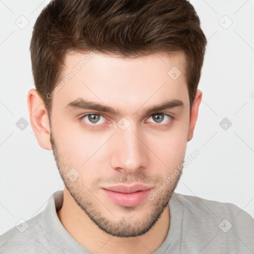 Neutral white young-adult male with short  brown hair and brown eyes