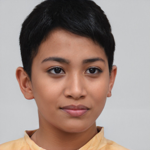 Joyful asian young-adult female with short  black hair and brown eyes