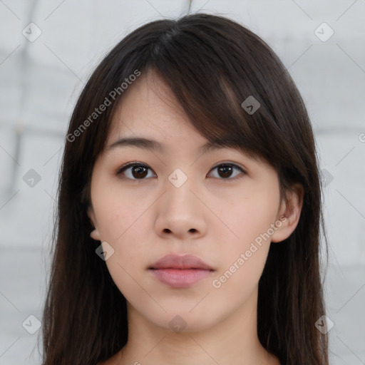 Neutral asian young-adult female with long  brown hair and brown eyes