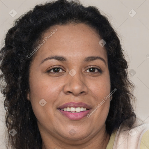 Joyful white adult female with long  brown hair and brown eyes