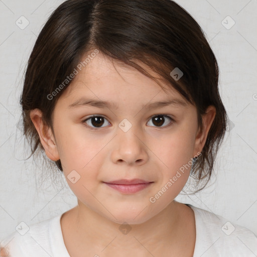 Joyful white child female with medium  brown hair and brown eyes