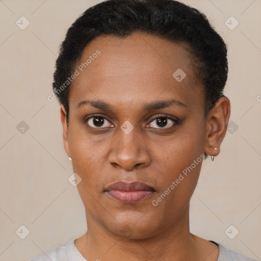 Neutral black young-adult female with short  black hair and brown eyes