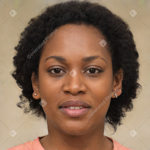 Joyful black young-adult female with medium  black hair and brown eyes