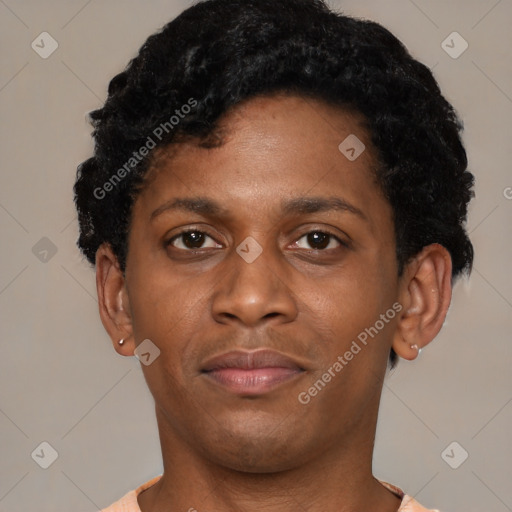 Neutral black young-adult male with short  black hair and brown eyes