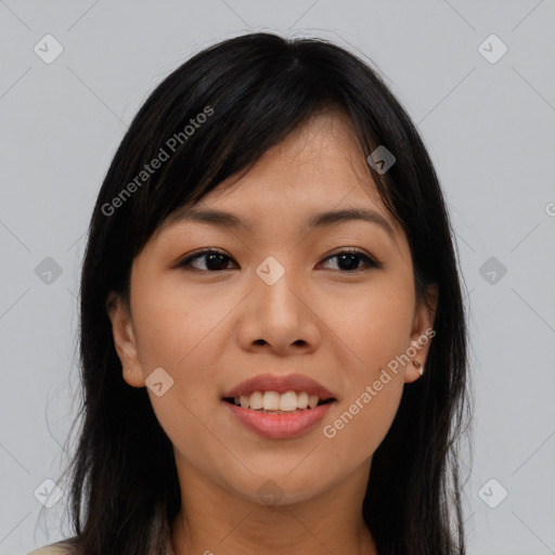 Joyful asian young-adult female with long  brown hair and brown eyes