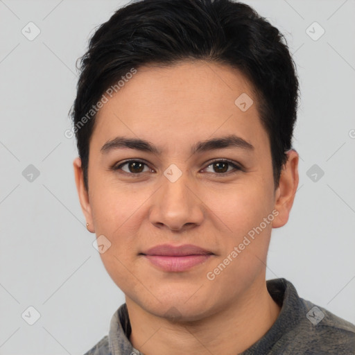 Joyful white young-adult female with short  brown hair and brown eyes