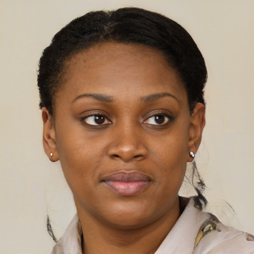 Joyful black young-adult female with short  brown hair and brown eyes