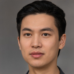 Neutral asian young-adult male with short  black hair and brown eyes