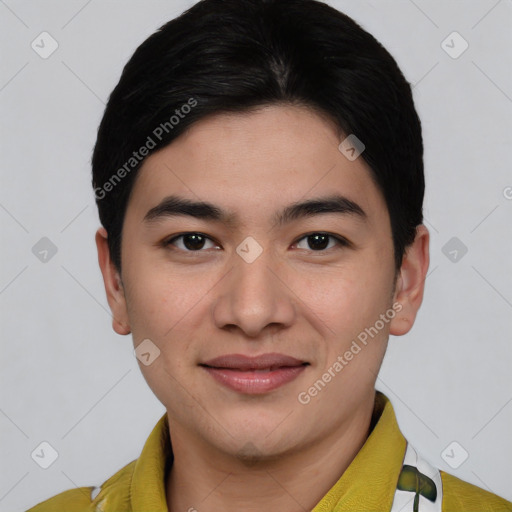 Joyful white young-adult male with short  black hair and brown eyes