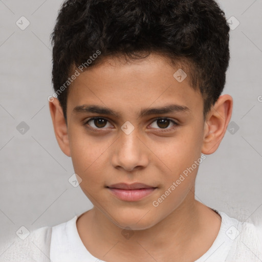 Joyful white child male with short  brown hair and brown eyes