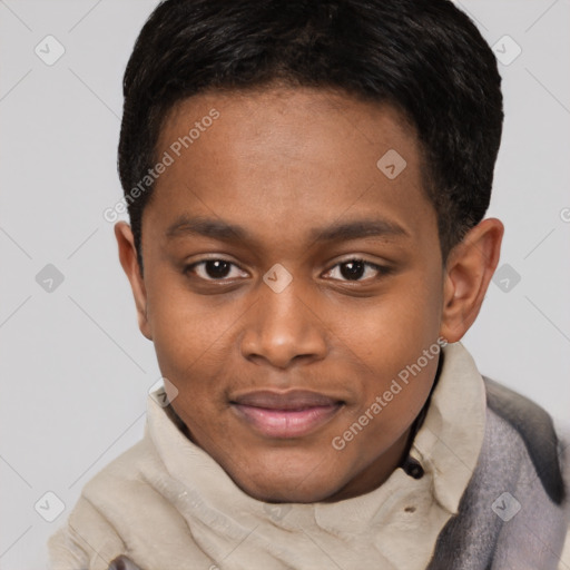 Joyful black young-adult male with short  brown hair and brown eyes