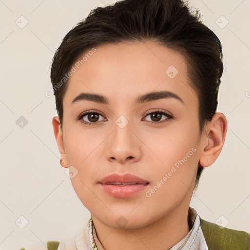 Neutral white young-adult female with short  brown hair and brown eyes