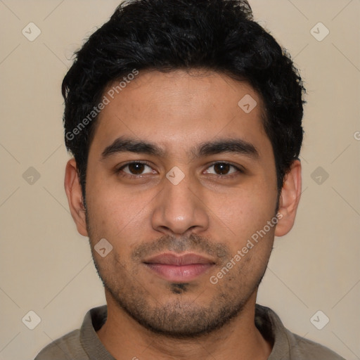 Neutral latino young-adult male with short  black hair and brown eyes
