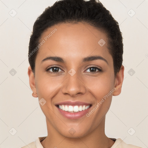 Joyful white young-adult female with short  brown hair and brown eyes