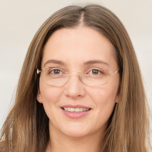 Joyful white adult female with long  brown hair and grey eyes