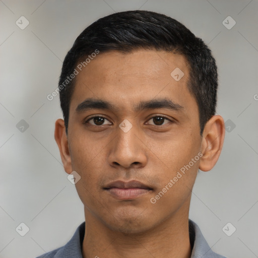 Neutral asian young-adult male with short  black hair and brown eyes