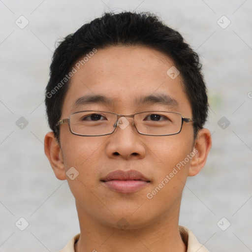 Neutral asian young-adult male with short  brown hair and brown eyes