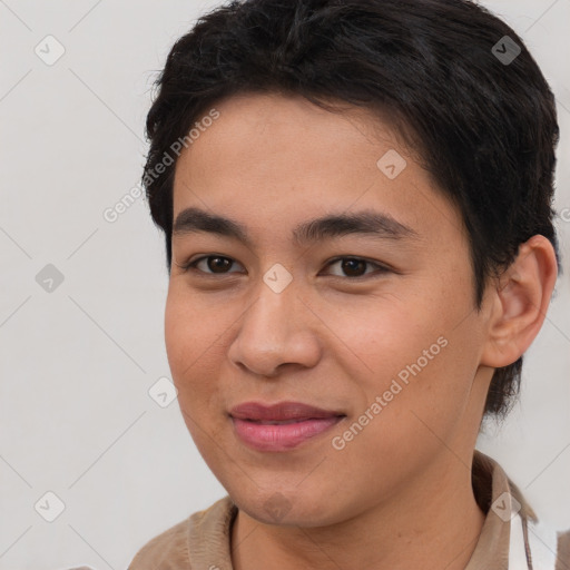 Joyful latino young-adult female with short  brown hair and brown eyes