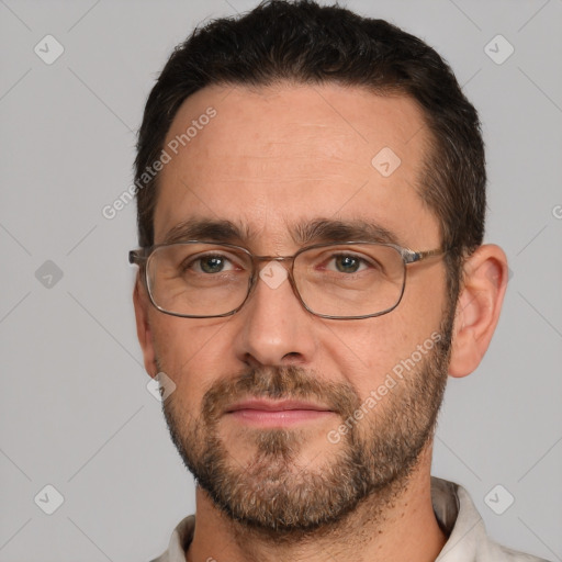 Neutral white adult male with short  brown hair and brown eyes