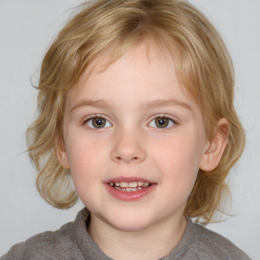 Joyful white child female with medium  brown hair and blue eyes