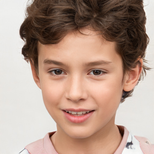 Joyful white child female with short  brown hair and brown eyes