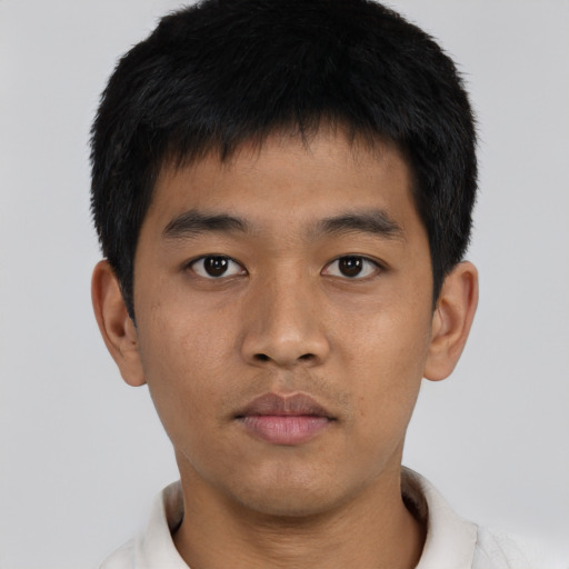 Neutral asian young-adult male with short  black hair and brown eyes