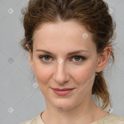 Joyful white young-adult female with medium  brown hair and blue eyes