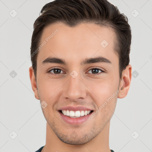 Joyful white young-adult male with short  brown hair and brown eyes