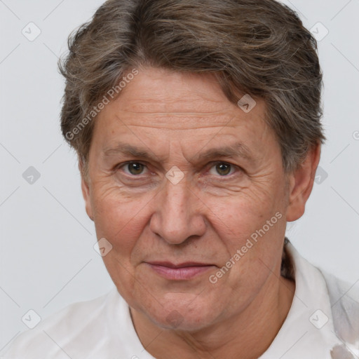 Joyful white middle-aged male with short  brown hair and brown eyes