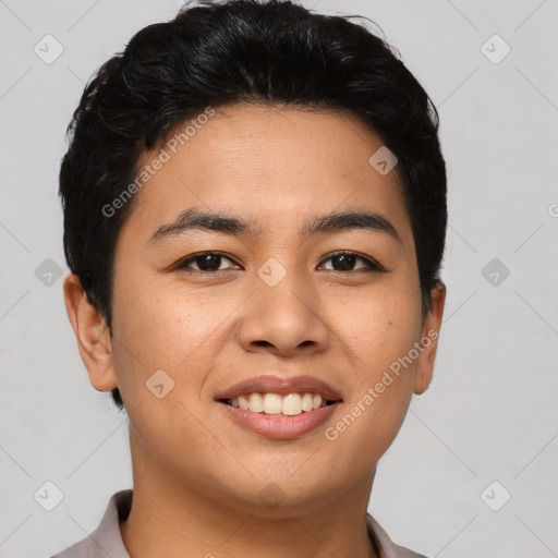Joyful asian young-adult female with short  black hair and brown eyes