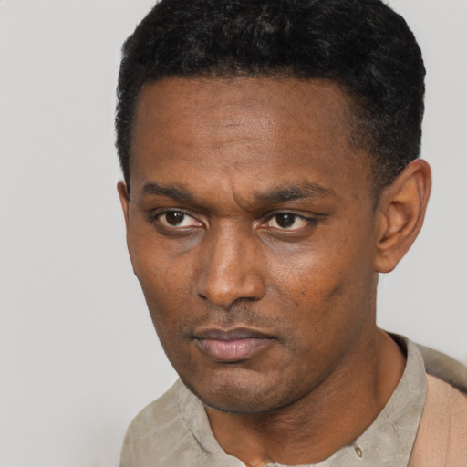 Neutral black adult male with short  black hair and brown eyes