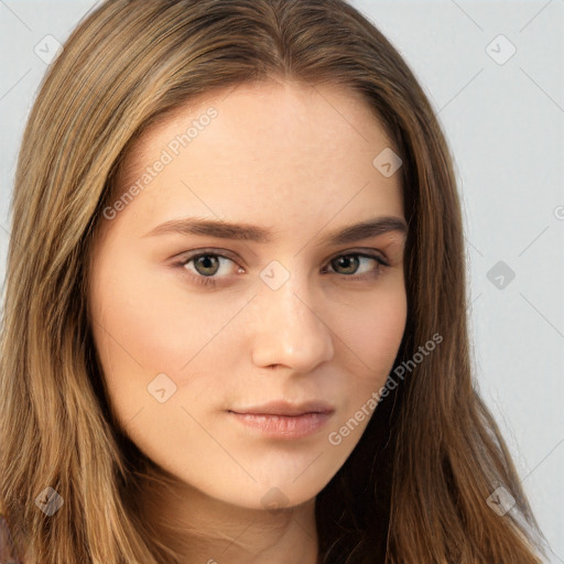 Neutral white young-adult female with long  brown hair and brown eyes