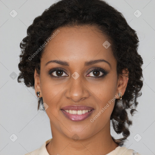 Joyful black young-adult female with medium  brown hair and brown eyes