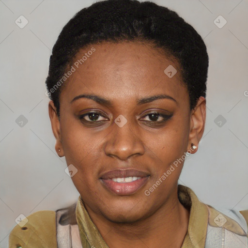 Joyful latino young-adult female with short  black hair and brown eyes