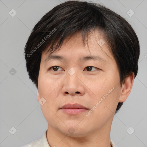 Joyful asian adult male with short  brown hair and brown eyes