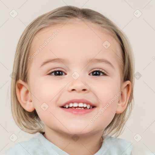 Joyful white child female with medium  brown hair and brown eyes