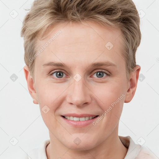 Joyful white young-adult female with short  brown hair and grey eyes