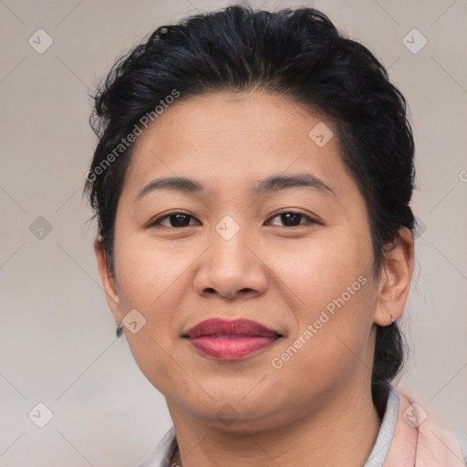 Joyful asian young-adult female with short  brown hair and brown eyes